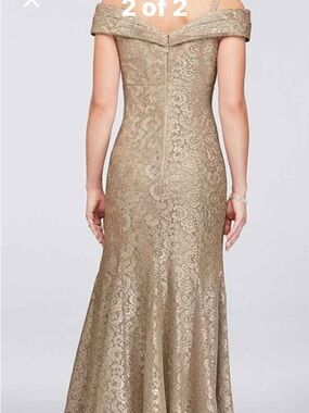 R&M Richards Metallic Gold Off-Shoulder Lace Gown